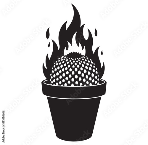 Black and white vector illustration of a cactus on fire in a flower pot