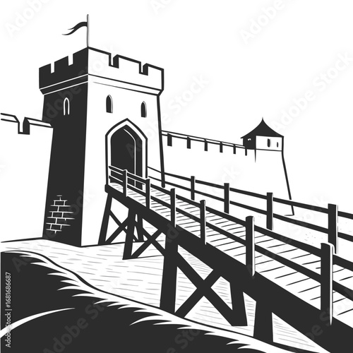 Medieval castle gatehouse with wooden bridge and ramp on white background Keywords: castle, medieval