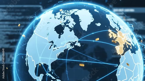 Global Trade and International Relations - A digital globe displays connections between the USA and the European Union, symbolizing transatlantic trade and economic relations.