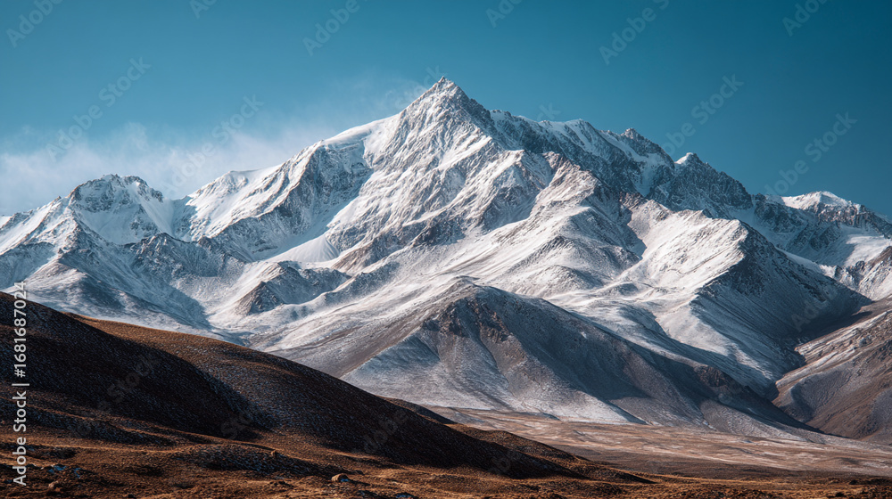Fototapeta premium Snowy mountain peaks under clear blue sky in a remote wilderness area