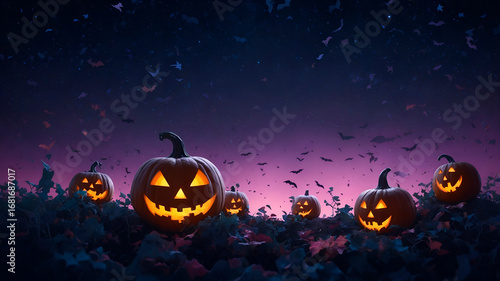 Surreal floating tower of glowing pumpkins in night sky with bats and stars, clean left side for copy.