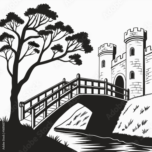 Medieval castle with drawbridge and large tree on white background Keywords: castle, medieval, fortress