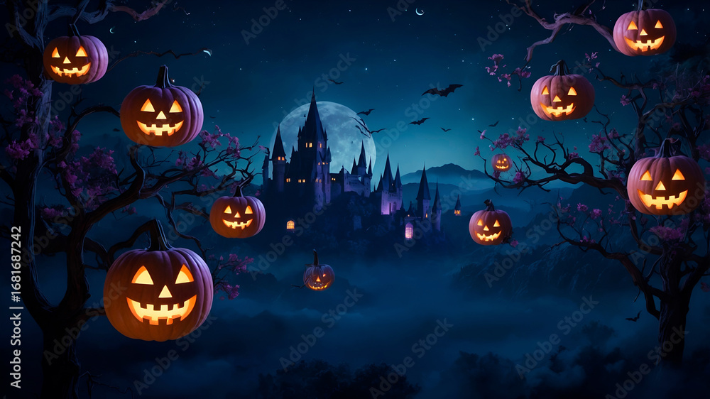 Fototapeta premium Surreal floating tower of glowing pumpkins in night sky with bats and stars, clean left side for copy.