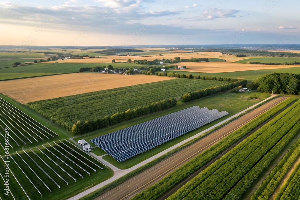 Naklejka premium Aerial view of a solar farm in a rural landscape with fields and trees, highlighting the vast scale of renewable energy infrastructure