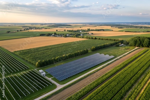 Aerial view of a solar farm in a rural landscape with fields and trees, highlighting the vast scale of renewable energy infrastructure