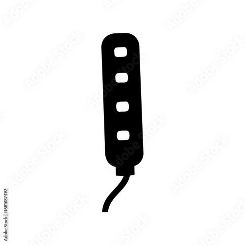 Black extension cord with multiple outlets is displayed in a simple illustration