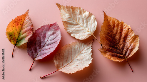 Four autumn leaves in gradients of green, purple, beige and brown on a pink background; a calm, natural still-life texture.
