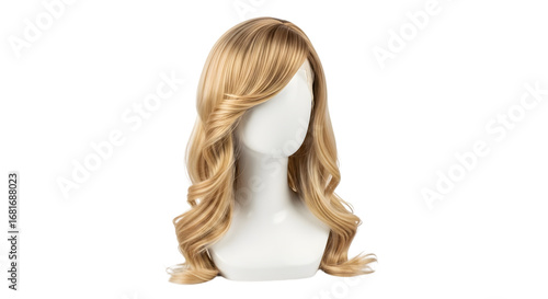 Blonde wavy wig on a mannequin head isolated on transparent background for beauty, fashion, style, cosplay, or costume purposes, perfect for salon or studio display