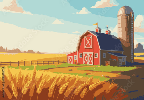 Cartoon Rural Farm with Red Barn, Grain Silo, and Summer Wheat Fields