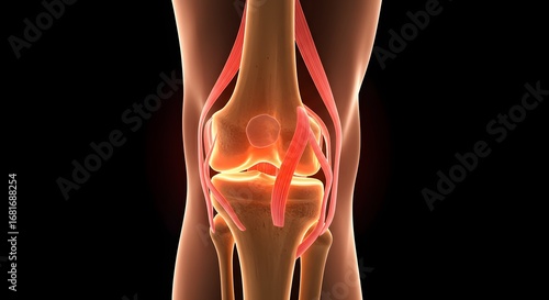 Human knee joint anatomy with ligaments and tendons. Orthopedic healthcare and musculoskeletal medical concept. Anatomical illustration showing joint structure for injury and arthritis diagnosis.