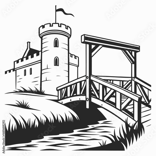 Medieval castle with wooden drawbridge and moat on white background Keywords: castle, medieval, fortress