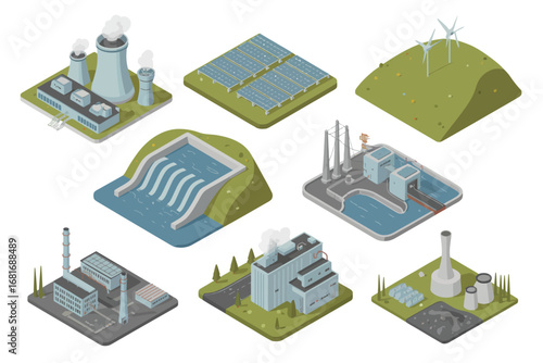 Isometric Illustration of Diverse Energy Sources Coal Nuclear Solar Hydro Wind Renewable and Sustainable Technologies for Power Generation