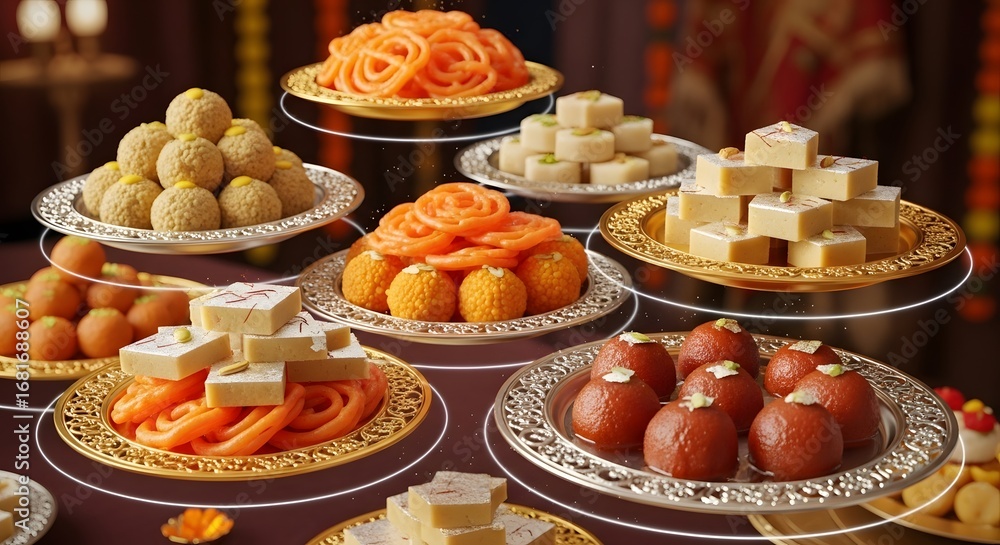 Fototapeta premium An assortment of traditional festive sweets is beautifully arranged on platters.