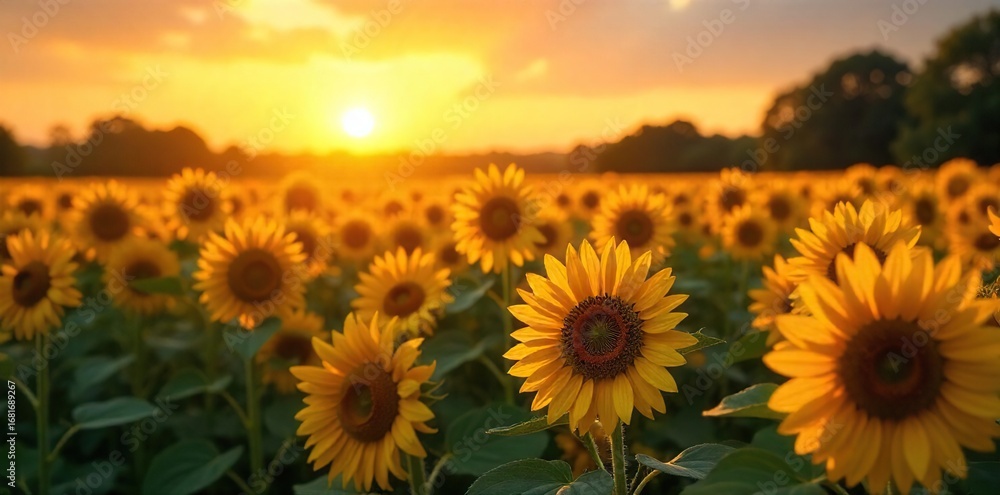 Obraz premium A vibrant sunflower field basks in the warm glow of a sunrise, its golden petals reflecting the rising sun's radiant light A breathtaking scene of nature's beauty at its finest , outdoor, summer