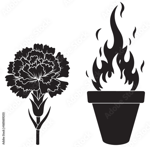 Black and white vector illustration of carnation flower and burning flames in a pot