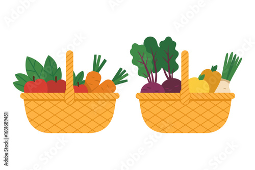 Two Wicker Baskets Filled with Freshly Harvested Vegetables and Fruits from the Garden Illustration