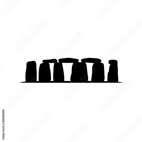 A minimalist black silhouette of Stonehenge against a stark white background