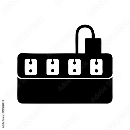 Black and white illustration of a four outlet power strip with cord