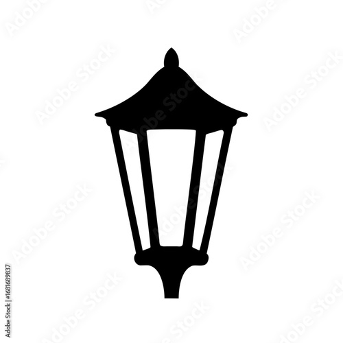 Black and white silhouette of a vintage outdoor lamppost on a white background