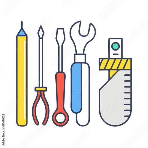 Vector art of colorful illustration of various tools, including screwdrivers, wrenches, and a cutter, representing repair tasks