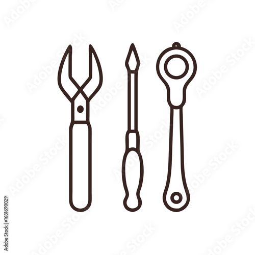 Illustration of a wrench, screwdriver, and ratchet, representing repair, maintenance, and construction tasks