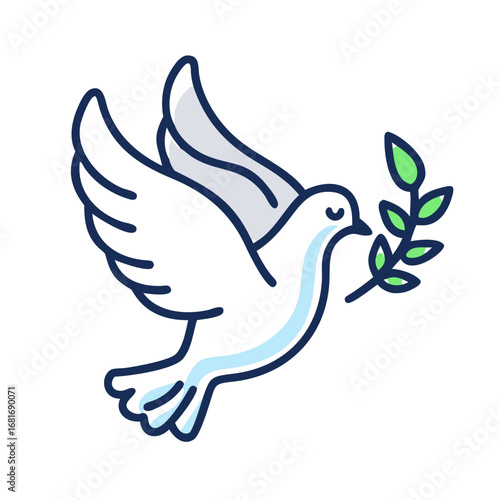 Illustration of a dove carrying an olive branch, a symbol of peace, hope, and harmony