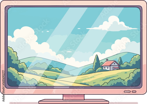 Cartoon TV Displaying Idyllic Landscape with House Clouds and Sunlight.