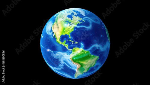 A High-Definition 3D Render of the Earth, Centered on the Americas and Set Against a Dark, Blank Background
