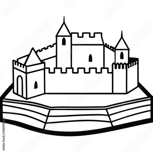 Outline drawing of a fortified castle with layered defenses and towers medieval fortress