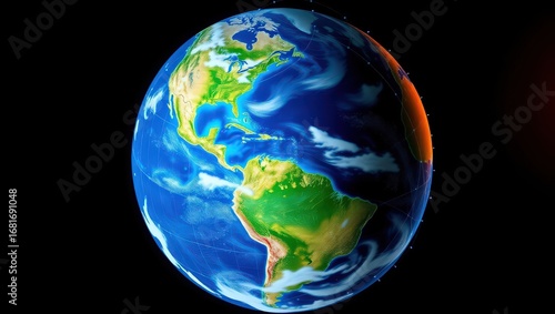  A Vibrant and Detailed 3D Render of the Earth, Highlighting North and South America in Bright Sunlight