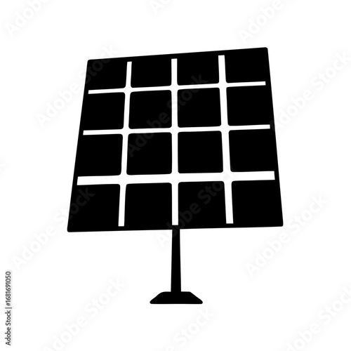 A black and white stylized solar panel illustration for renewable energy