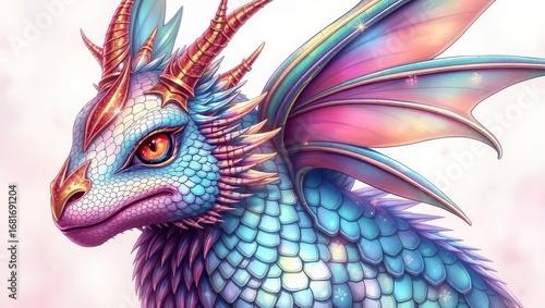 A Majestic and Iridescent Dragon with Pearlescent Scales, Golden Horns, and Ethereal Wings