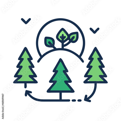 Illustration of reforestation process with trees, seedlings, arrows, sun, and birds