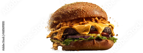 a cheeseburger with an abundance of delicious ingredients, the contents spilling into the air, against a dark background, in the style of a realistic photographic style.