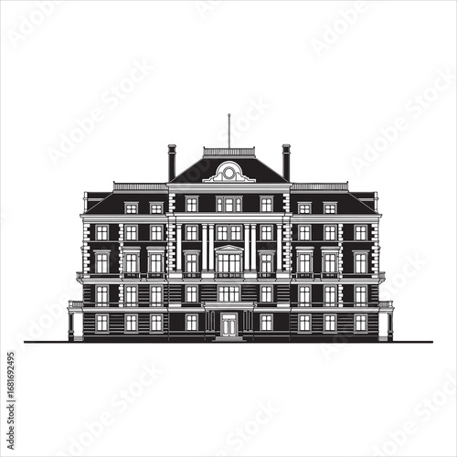 Grand European Building Facade with Ornate Details and Classic Architectural Design