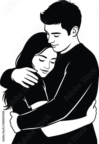 A loving couple embracing each other, silhouette of man and woman are in black color, representing a romantic and intimate moment