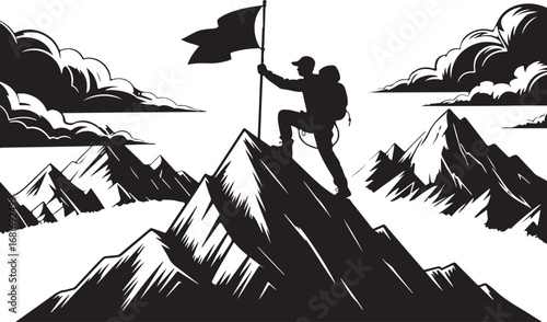 Dynamic Silhouette Vector of Summit Climber with Dramatic Sky Background