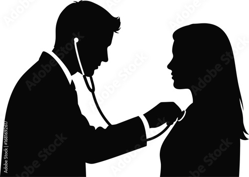 Silhouette of a doctor examining a patient with a stethoscope, concept of medical care, health checkup, and professional consultation