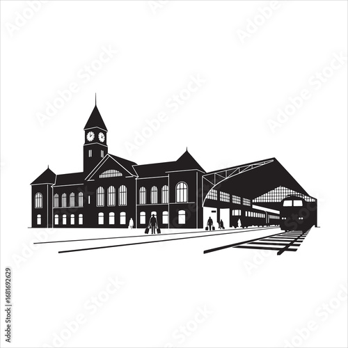Historic Train Station Architecture with Clock Tower and Platform Scene