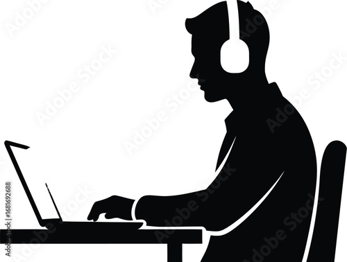 Silhouette of a man working a laptop with headphones, representing work, business, and technology