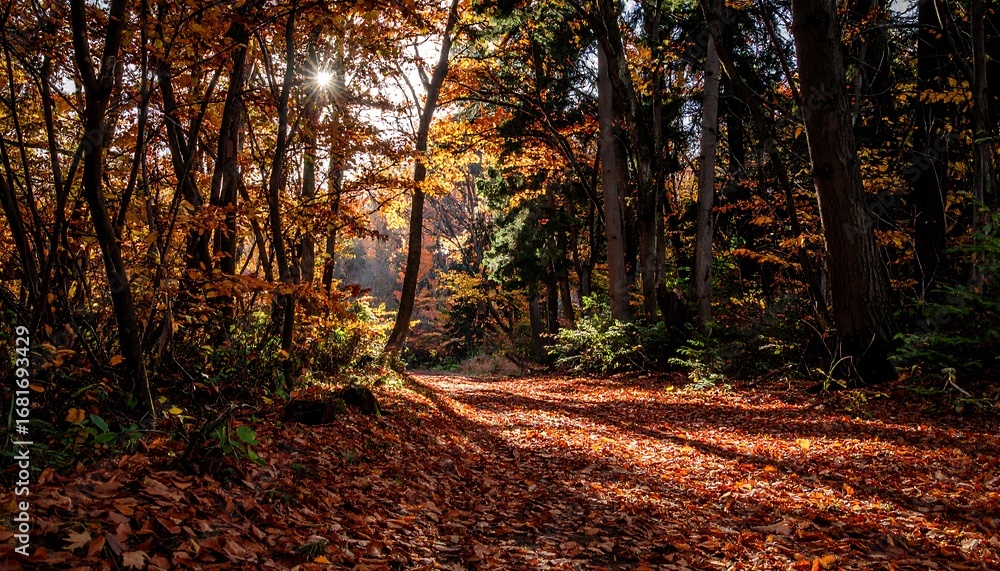 Obraz premium Autumn forest path with sunlight
