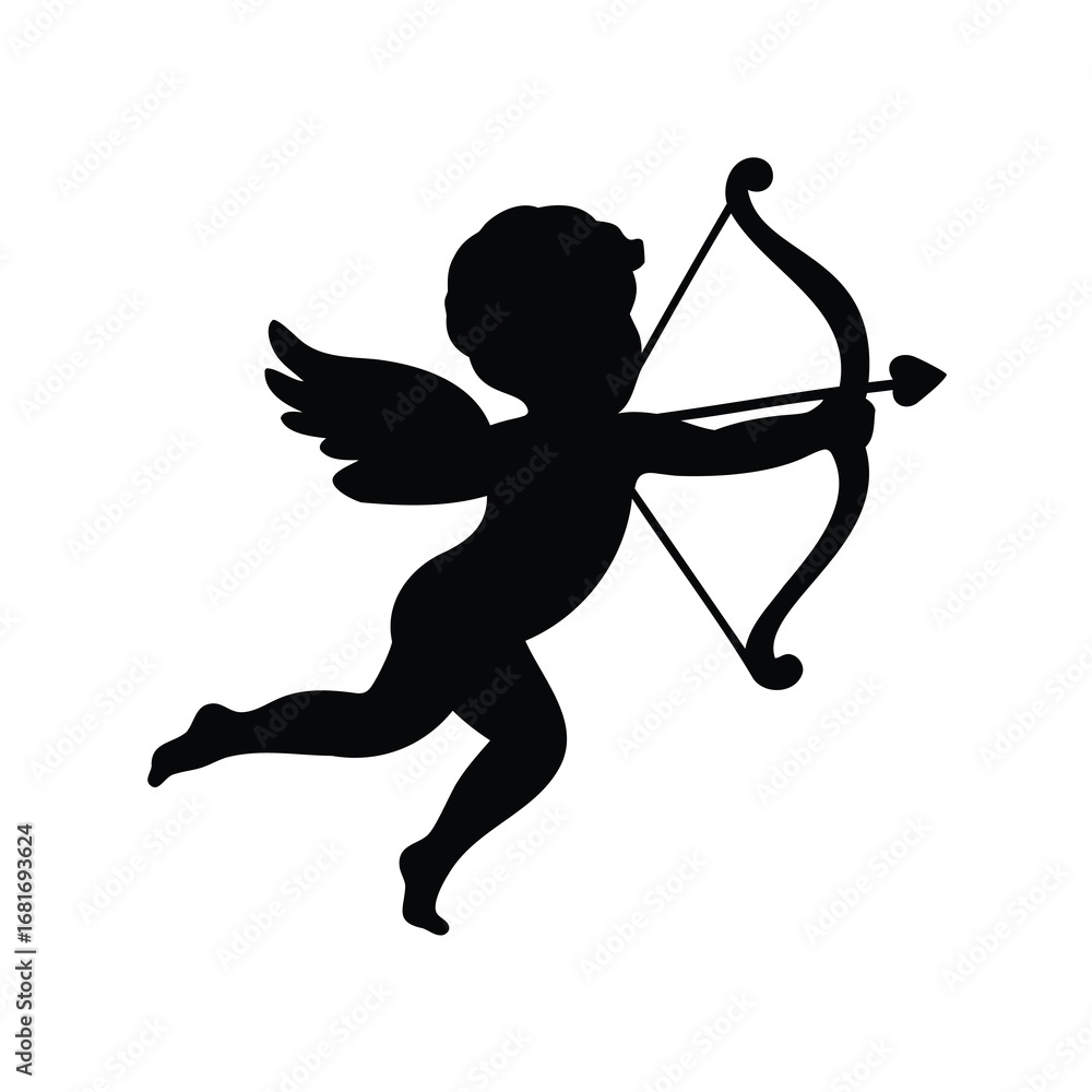 Fototapeta premium Black silhouette of a cherubic cupid with bow and arrow on white