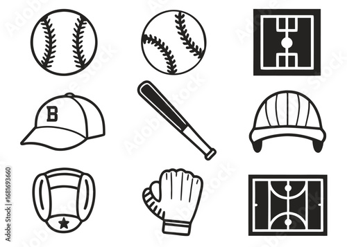 Black and White Icons of Baseball Equipment and Field baseballs baseball bat