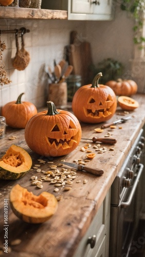A cozy scene of pumpkin carving unfolds on a rustic kitchen counter. Two jack-o'-lanterns are nearly complete, surrounded by loose pumpkin seeds, carving knives