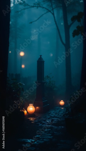 A foggy graveyard path at night is illuminated by a series of glowing orange lanterns. The wet cobblestone path reflects the eerie light