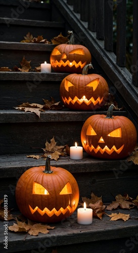A cozy front porch is decorated for autumn, centered around a wooden swing. The porch is covered with glowing jack-o'-lanterns, pumpkins, and fallen leaves