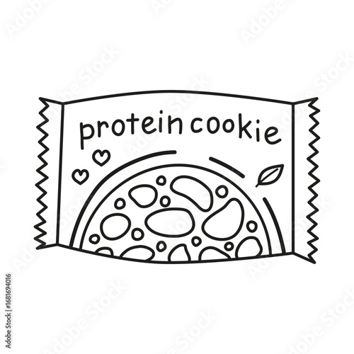 Cute hand drawn outline protein cookie with vegan sign green leaf isolated on white background. Protein snack in packet. Hand written text.