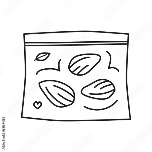Hand drawn outline almond nuts in packet isolated on white background. Vegan high protein.