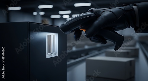 Robotic arm with scanner checking barcode on a package in an automated warehouse conveyor system