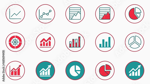 Collection of Circular Icons Featuring Business Growth Charts and Graphs data statistics